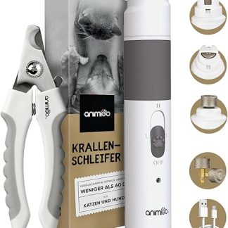 animigo Nail Grinder for Dogs and Cats with Nail Clippers - Various Diamond Head Sizes - Electric Nail Clippers - Motor with 2 Speeds & USB Connection - For All Claw Sizes