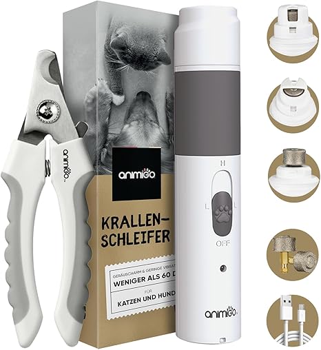 animigo Nail Grinder for Dogs and Cats with Nail Clippers - Various Diamond Head Sizes - Electric Nail Clippers - Motor with 2 Speeds & USB Connection - For All Claw Sizes