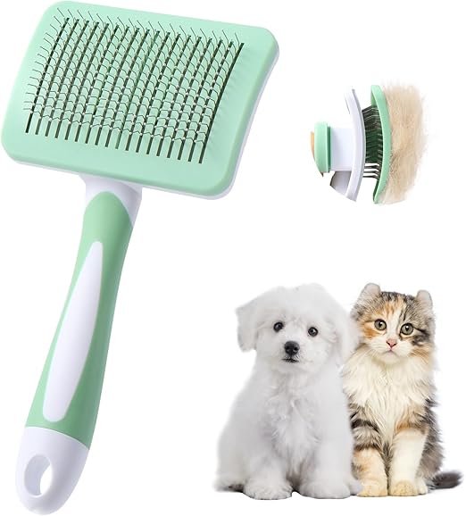 Vinabo Dog Brush, Cat Brush, Pet Self-Cleaning Slicker Brush Removes Undercoat, Dog Brushes for Undercoat, Hair Remover Pet Brush for Longhaired Short Haired Dogs and Cats, Green