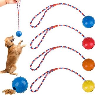 Rdlobu Pack of 4 Ball with Cord Dog, Throwing Ball for Dogs, Dog Ball with Cord, Natural Rubber, Interactive Dog Toy Ball with Rope, Ball Dog Toy Indestructible for Fetch, Catching, Throwing