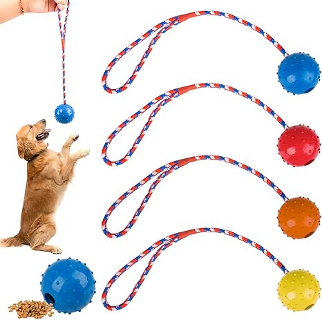 Rdlobu Pack of 4 Ball with Cord Dog, Throwing Ball for Dogs, Dog Ball with Cord, Natural Rubber, Interactive Dog Toy Ball with Rope, Ball Dog Toy Indestructible for Fetch, Catching, Throwing