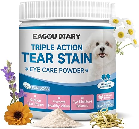 Tear Stain Remover for Dogs - Dog Tear Spot Dietary Supplement for Eye Care & White Grooming, with Lutein, Chamomile, Vitamins, Probiotic Blend, 100g, Chicken Flavour
