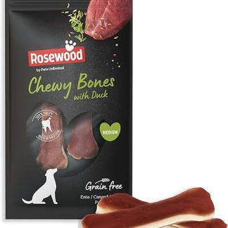 Rosewood Chewy Bones - Duck Flavoured Chew Bone for Medium Dogs - Beef Skin Chew Treats with Duck, Dental Care, Grain and Gluten Free, No Artificial Additives, 80 g