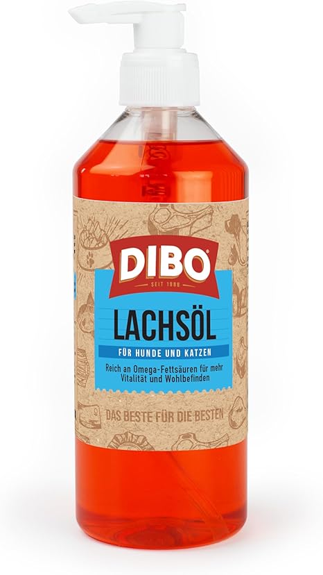DIBO Salmon Oil for Dogs and Cats - 500 ml with Pump Dispenser | Rich in Omega-3 & Omega-6 Fatty Acids | For Healthy Coat & Skin | Dog Food, Barf, B.A.R.F.