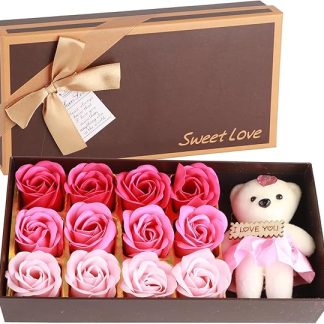 Floral Scented Bath Soap, Rose Petals, Plush Bear, Soap Flower Gift Set, Box for Romantic Valentine's Day Gift (Powder Gradient)