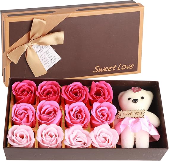 Floral Scented Bath Soap, Rose Petals, Plush Bear, Soap Flower Gift Set, Box for Romantic Valentine's Day Gift (Powder Gradient)