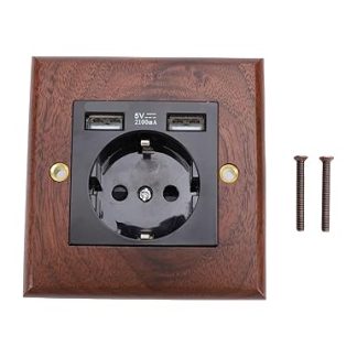 Fockety Wooden Wall Socket, 16A Socket with Two USB Ports, Black Walnut Wood Plate, Moisture Resistant and Corrosion Resistant for Living Room, Bedroom, Hotel