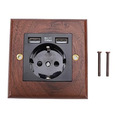 Fockety Wooden Wall Socket, 16A Socket with Two USB Ports, Black Walnut Wood Plate, Moisture Resistant and Corrosion Resistant for Living Room, Bedroom, Hotel