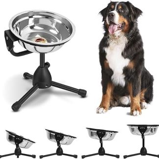 Vexong Raised Dog Bowl, Feeding Bowl for Dogs, Stainless Steel, Dog Food Bowl, Water Bowl, Height Adjustable, Non-Slip, Raised Dog Bowl Set, Metal Stand, (M)