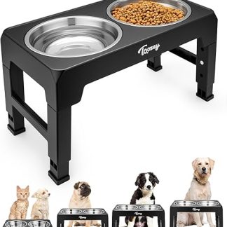 Toozey Dog Bowl, Feeding Bowl for Dogs, Height Adjustable, with 2 Stainless Steel Bowls of 1200 ml, Raised Dog Bowl for Medium and Large Dogs, 4 Height Adjustable Feedings, Black