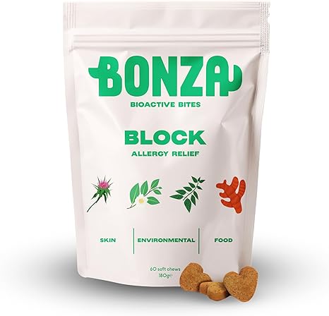 Bonza Bioactive Bites for Dogs - Allergy & Skin Support - Itchy Skin Relief Chew with Botanicals, Omega-3, Probiotics & Prebiotics - Natural Antihistamines, Soothes Skin & Supports Coat - 60 Soft