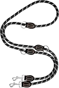 Adjustable 2 m Dog Lead for Large to Medium Dogs, Multifunctional Double Nylon Lead with 2 Carabiner Hooks, Versatile Lead and Neck Lead with 250 kg Tensile Force, Black