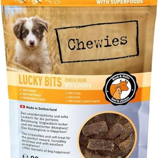 Chewies Lucky Bits Beef & Chicken Junior Dog Treats for Puppies - Dog Treats Grain-Free & Soft with Lots of Protein and Superfoods such as Brewer's Yeast or Ginkgo, No Sugar (80 g)