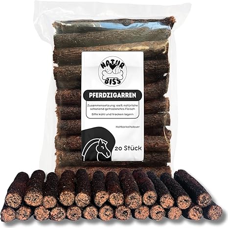 Naturbiss Horse Dog Cigars - Pack of 20 (12 cm) - Hypoallergenic & Grain-Free Cigar - Monoprotein, 98% Muscle Meat Rolls - Air-Dried Horse Meat Dog Snack