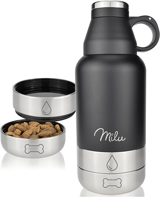 Milu Dog Water Bottle for On the Go 950 ml - Water Bottle with Food Bowl, Insulated Stainless Steel Dog Drinking Bottle, Dog Bottle with Food Container, Bowl, Dog, Hiking, Travel, Walking