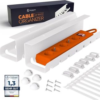 Set of 2 Cable Management Desk White - Cable Duct No Drilling to Hide Cable - With Cable Tray, Holder & Accessories - For Clean Cable Management in the Home Office, Office & Gaming Setup