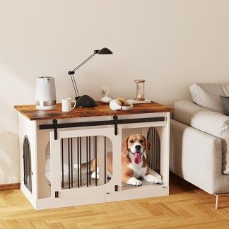 YDTOP Dog Box for Home 100 cm, XL Dog Cage Furniture with 3 Sliding Doors and Dog Mat, Modern Wooden Dog Kennel for Small Medium Large Dogs, 100 x 60 x 69 cm, White & Brown