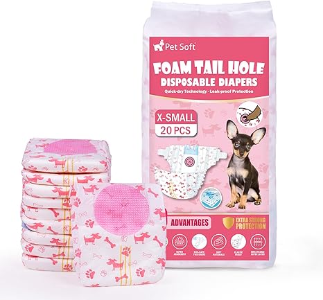 Pet Soft Dog Nappies for Female Dogs, Pack of 20 Disposable Nappies for Dogs & Cats, Highly Absorbent Cat Nappies Heat Pants for Female Dogs, with Adjustable Tail Hole (XS - 20 Pieces)