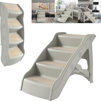 YRHome Dog Stairs Foldable Pet Stairs 4 Steps 50 cm High Cat Stairs with Non-Slip Mat and Support Bar Dog Ramp for Dogs Cats up to 75 kg Grey