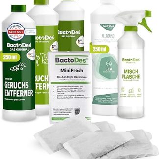 BactoDes Odour Killer Learning Set I 5 Special Cleaners with Microorganisms for Deep Pores and Sustainable Odour Removal I For Household, Animal Area, Car & More I Includes Mixing Bottle & MiniFresh