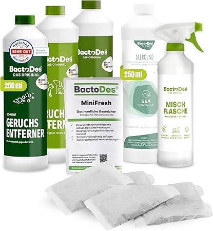 BactoDes Odour Killer Learning Set I 5 Special Cleaners with Microorganisms for Deep Pores and Sustainable Odour Removal I For Household, Animal Area, Car & More I Includes Mixing Bottle & MiniFresh