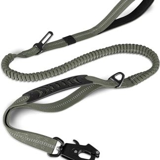 Joytale Tactical Dog Lead, 1.2 m - 1.8 m Bungee Dog Lead Reflective with 2 Padded Handles, Car Safety Belt, Dog Lead without Pulling Force for Medium, Large, X-Large Dogs, Army Green