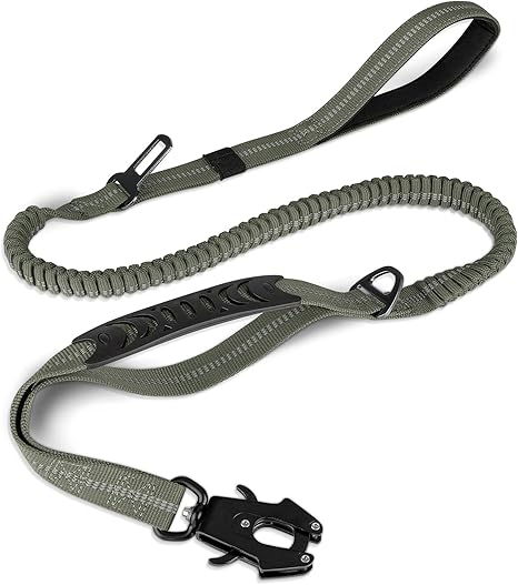 Joytale Tactical Dog Lead, 1.2 m - 1.8 m Bungee Dog Lead Reflective with 2 Padded Handles, Car Safety Belt, Dog Lead without Pulling Force for Medium, Large, X-Large Dogs, Army Green