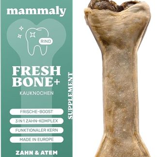 mammaly 4-in-1 Dental Care Chew Bone - Fresh Bone+ 1 x Chew Item (12 cm) - Chew Stick Made of Cattle Skin with Sage, Mint & Green Tea and Much More for Oral Hygiene - Chew Toy / Bone Against Bad