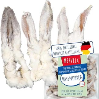 MERVELA Rabbit Ears with Fur for Dogs, 1 kg, 100% Natural Air Dried Chews, Hypoallergenic & Grain-Free, Supports Digestion & Dental Care