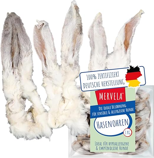 MERVELA Rabbit Ears with Fur for Dogs, 1 kg, 100% Natural Air Dried Chews, Hypoallergenic & Grain-Free, Supports Digestion & Dental Care