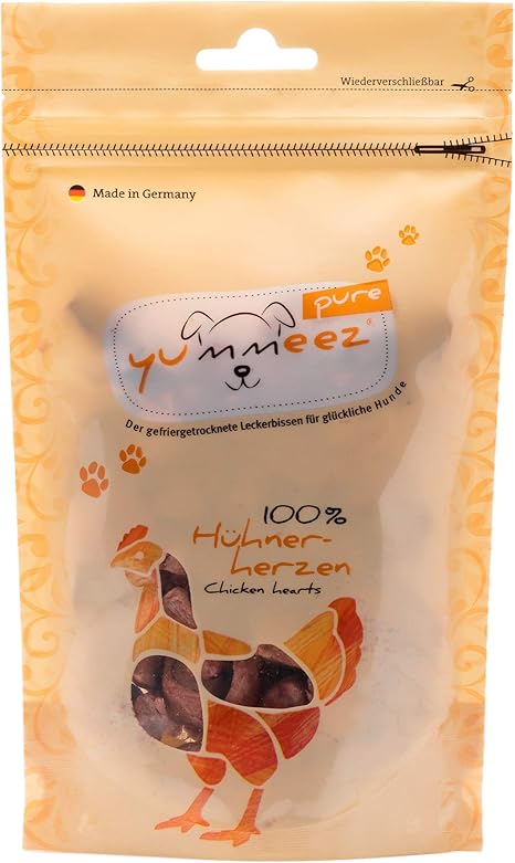 Yummeez Pure Chicken Hearts Dog Treats - Grain-Free and Sugar-Free - Pure Meat Treats for Allergy Sufferers Dogs with Optimal Nutrients and Full Flavour, 1 x 35 g