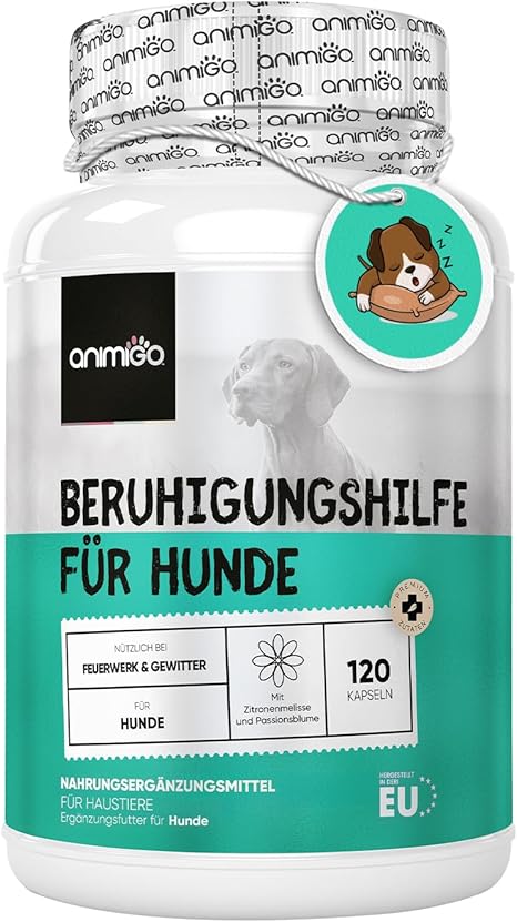 Calming Agent for Dogs - 120 Relaxation Capsules with Taurine, Ashwagandha, Passion Flower & Vitamin B1 - Alternative to Sleeping Pills for Anxiety, Stress, Anxiety - High Acceptance - animigo