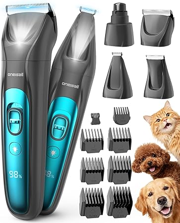 oneisall 4-in-1 Quiet Dog Cat Clippers with LED Light, 2025 Pet Hair Care for Dog Clippers & Paw Trimmer & Claw Grinder, 2000 mAh Rechargeable Dog Hair Trimmer