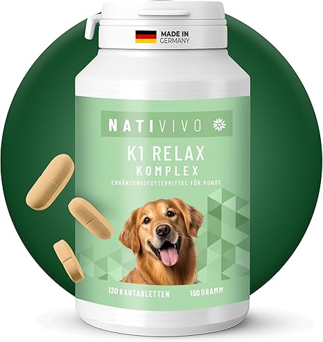NatiVivo K1 Relax Complex Calming Agent for Dogs with L-Tryptophan Valerian Hemp Seed Oil Relaxation for Anxiety, Stress & Travel - Supports Calm, Serenity & Balance in Everyday Life