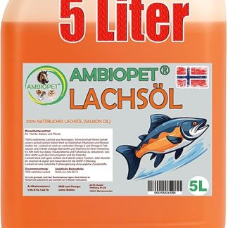 Ambiopet 5 Litre Natural Premium Salmon Oil from Norway for Dogs, Horses and Cats for BARF with Rich Omega 3 & 6 Fatty Acids in Practical Dosing Container