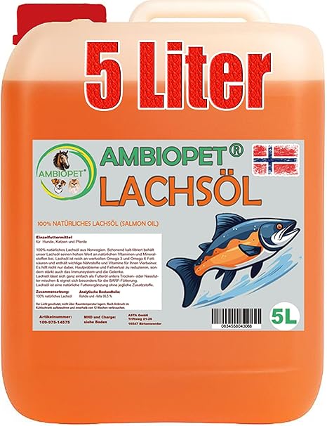 Ambiopet 5 Litre Natural Premium Salmon Oil from Norway for Dogs, Horses and Cats for BARF with Rich Omega 3 & 6 Fatty Acids in Practical Dosing Container