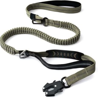 Heavy Duty Tactical Dog Leash with Quick Release Carabiner and Highly Reflective Threads, 4-6ft Power Stretch Dog Leash for Medium Large Dogs, Army Green and Black