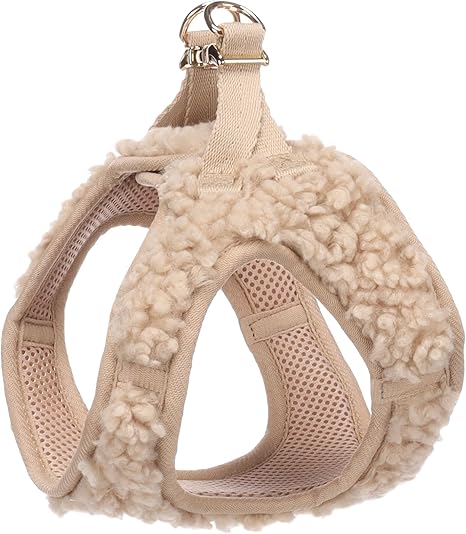 Flamingo Step&Go Pookie Dog Harness - Beige - Small (A: 30-35cm, W: 37-40cm, 5mm) - Soft Fleece Harness with Velcro Fastening, Click Buckle and Gold Detailing