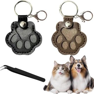 MHMondawn Dog Hair Collector Keyring with Press Stud - Leather Pet Hair Storage Pendant as Pet Memory Box Fur Keepsake Hanging Paw Design (Black+Brown), Black and brown, S