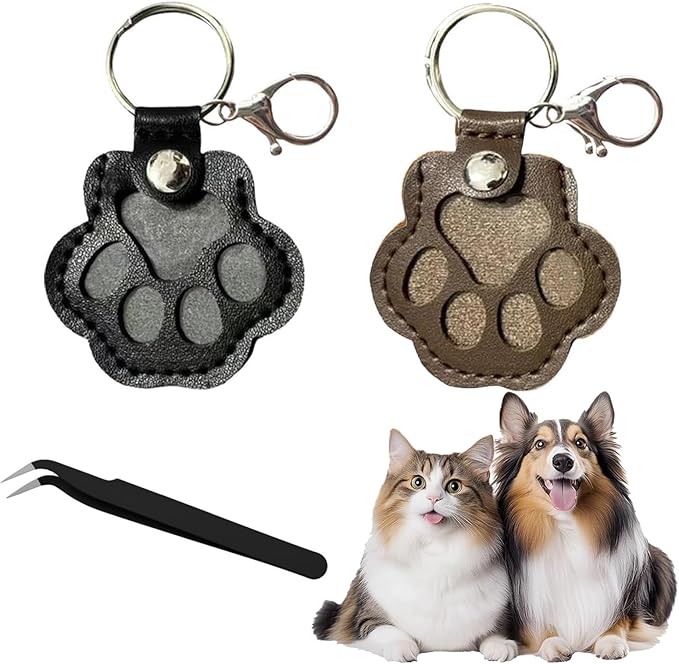 MHMondawn Dog Hair Collector Keyring with Press Stud - Leather Pet Hair Storage Pendant as Pet Memory Box Fur Keepsake Hanging Paw Design (Black+Brown), Black and brown, S
