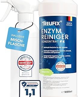 Treufix Enzyme Cleaner Concentrate 1 Litre Including 500 ml Mixing Bottle - Highly Effective Odour Remover Against Cat Urine & Dog Urine for Sofa, Carpet, Upholstery Odour Neutraliser - Made in