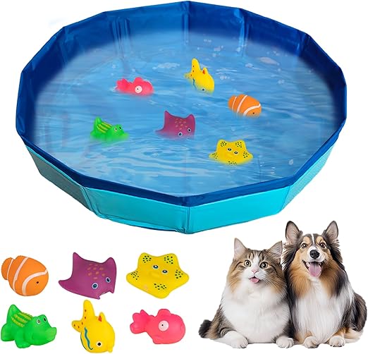 Cat Pool 50 x 10 cm, Foldable Cat Pool with 6 Toys, Mini Pool for Cats Dogs, Cat Toy Swimming Pool, Paddling Pool for Cat Dog Bathtub, Water Toy Mini Pool for Summer (B)
