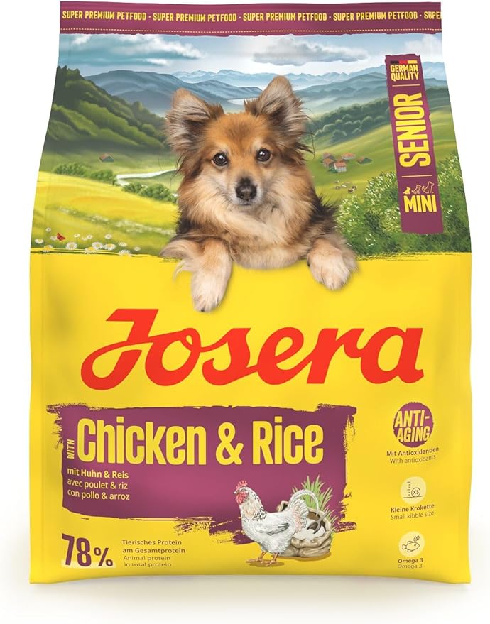 JOSERA Mini Senior Chicken & Rice (1 x 900 g) Premium Dry Food for Adult Older Dogs Small Breeds Anti-Ageing & Kidney Relief Extra Small Croquettes Gluten Free Pack of 1