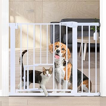 COMOMY Door Safety Gate with Cat Flap, 75-103 cm Stair Safety Gate No Drilling for Dogs and Cats, Autoclose, Expandable Door Gate with 7 cm and 14 cm Extensions, White