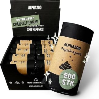 alphazoo Pupssbeutel Dog Waste Bags Biodegradable Pack of 600 - Extra Tear-Resistant, Leak-proof & Compostable, Sustainable Waste Bags for Dogs on Rolls, Dog Bags
