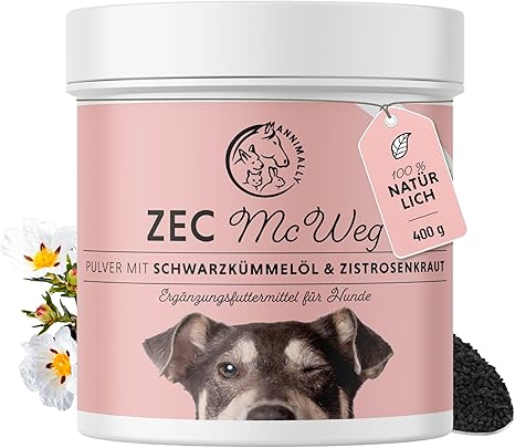 Annimally Zec ProTec Dog Powder, 400 g, with Black Cumin Oil, Rockrose Herb, Brewer's Yeast & Seaweed, Effective Protection Powder as an Alternative to Tablets and Drops
