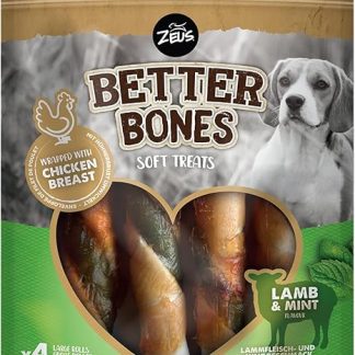 BetterBones - Soft Dog Chew Snack for Dogs - Raw Skin Wrapped Rolls with Lamb with Mint - 12.5cm - Pack of 4