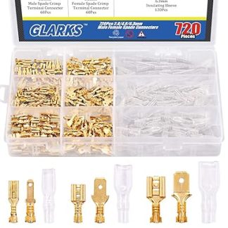 Glarks 720 Pieces 2.8 mm 4.8 mm 6.3 mm Male and Female Wire Spade Connector and Insulating Sleeve Assortment Kit Copper Wire Crimp Terminal Block with Nylon Sleeve Set for Car Audio Speaker
