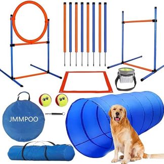 JMMPOO Agility Set Dogs, 65-Piece Agility Equipment for Dog Training Games with Dog Tunnel, Hurdles, 8 Slalom Poles, Jump Ring, 2 Tennis Ball Toys, Break Box, Treat Bag, Carry Bag