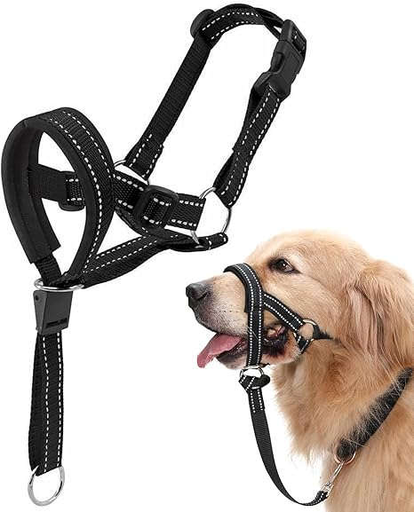 HhBdy Halti for Large Dogs, Dog Halter Adjustable Mouth Loop Dog with Padded Fabric, Anti-Pull Harness for Dogs Black for Daily Walks Grooming and Claw Cutting (L)